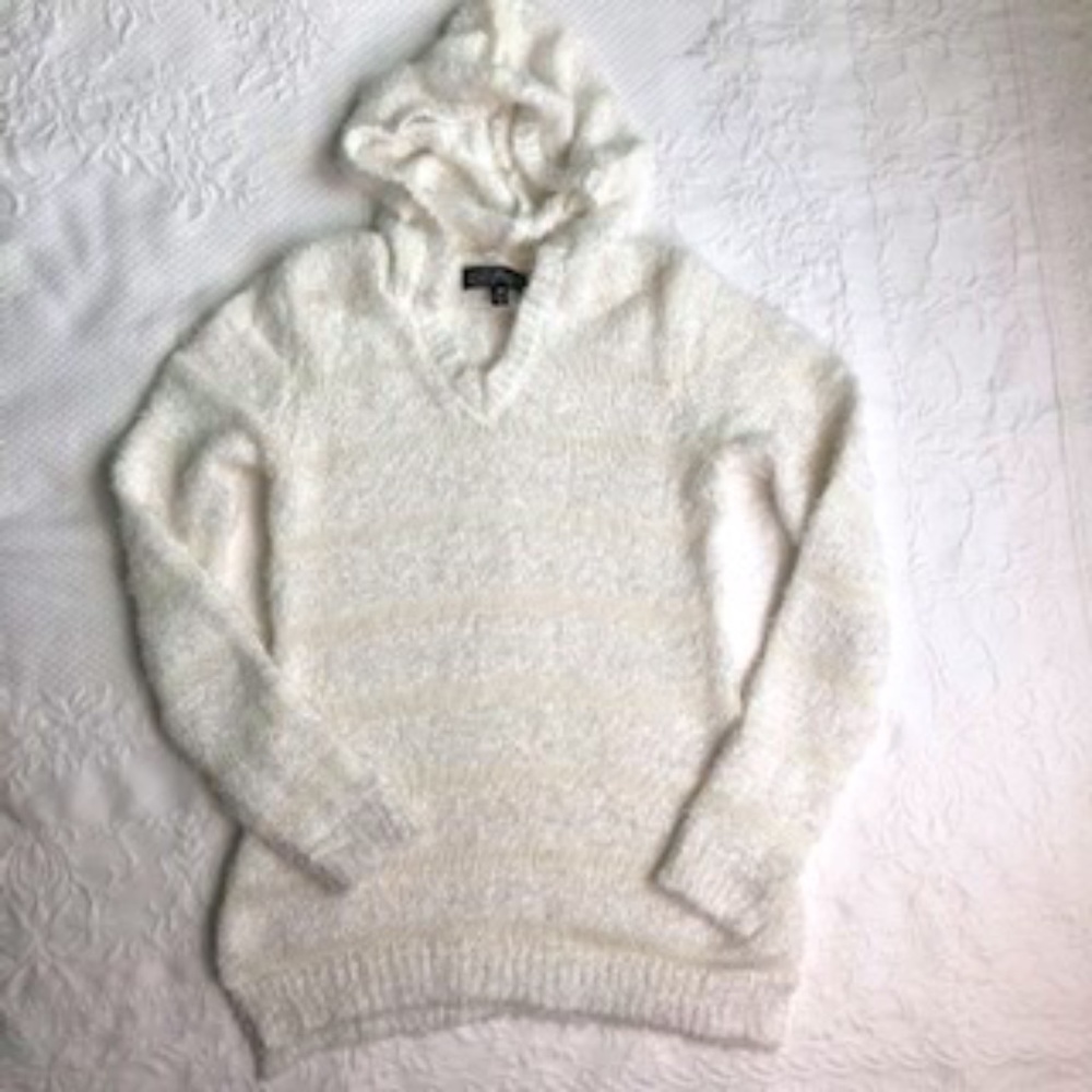 Almost Famous White and Cream Striped, Hooded, Long Sleeved V-Neck Sweater